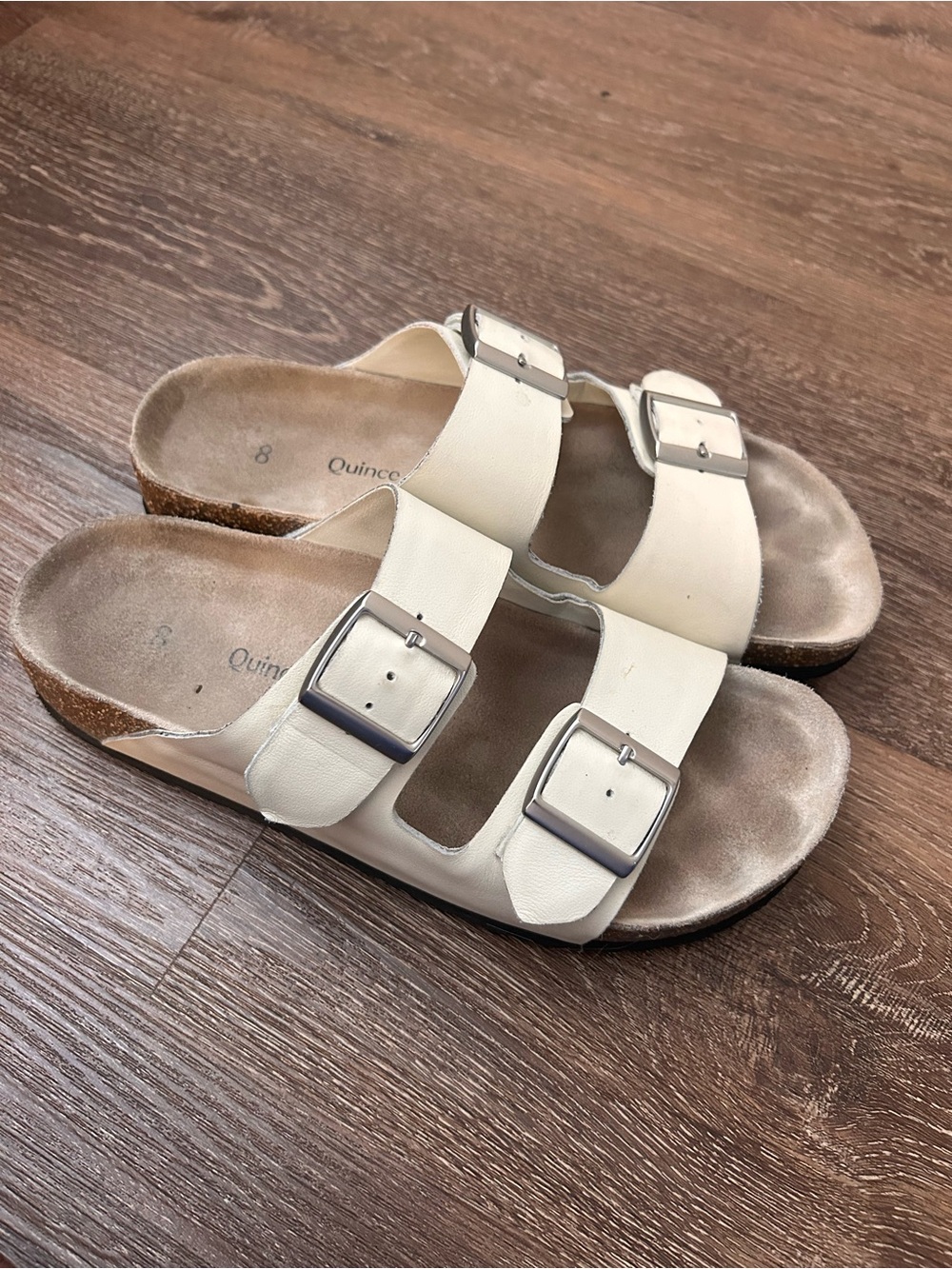 Quince Women's Double-Buckle Slide Sandals in Bone size 8 - good used condition